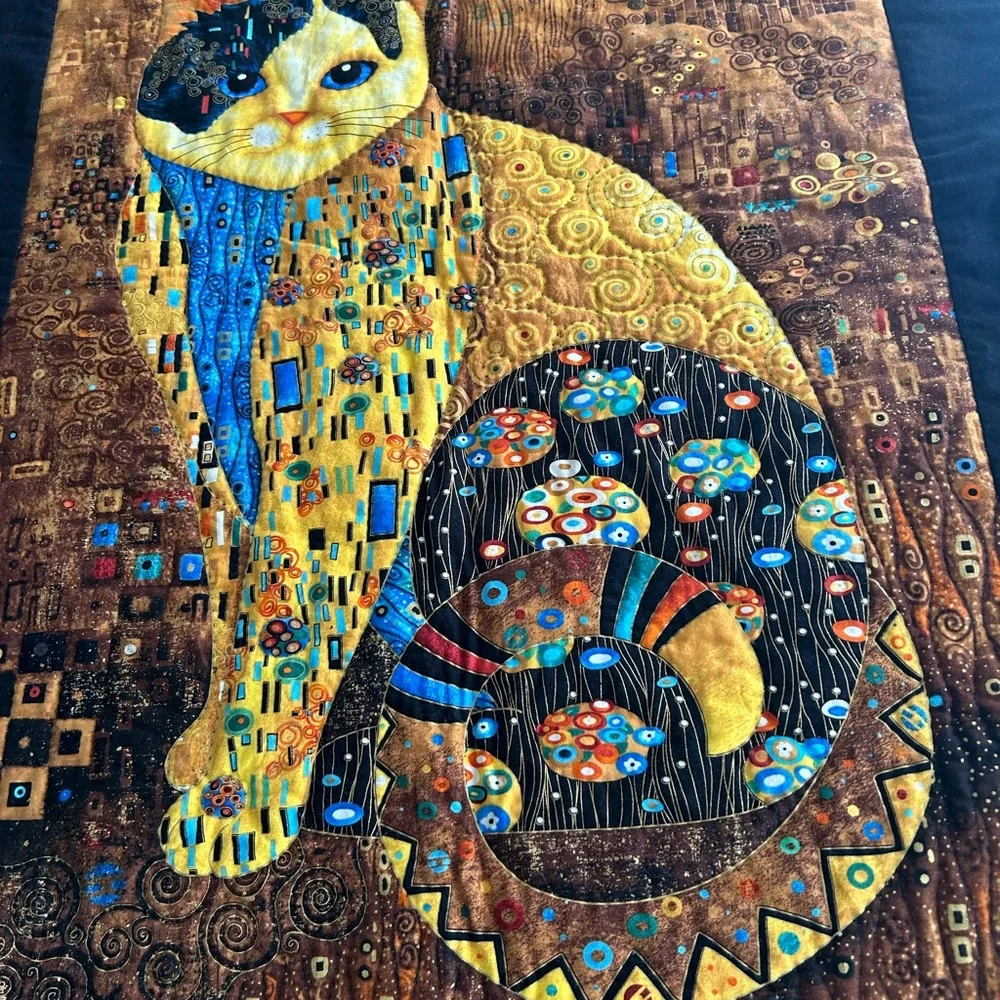 Hand Quilted Pre Printed Panel Klimt Inspired Cat Lap Quilt or Wall Hanging